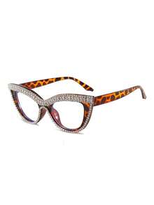 1pc Women's Cat Eye Shape Clear Glasses With Rhinestone Studded Frame Glasses Accessories For Women - Brown - View 11