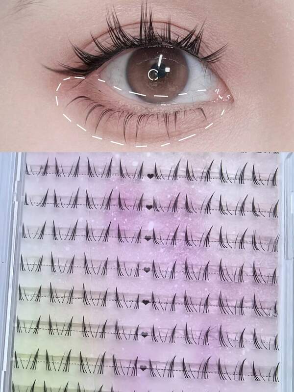 96pcs Crystal Embellished Faux Mink Eyelashes, Segmented Lashes, Natural & Thick, Transparent Band, Cartoon Style