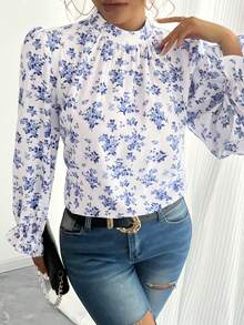 Áo cánh dài tay thanh lịch họa tiết hoa xanh kiểu Pháp dành cho nữ, mùa thu - Màu xanh lam - Xem 5