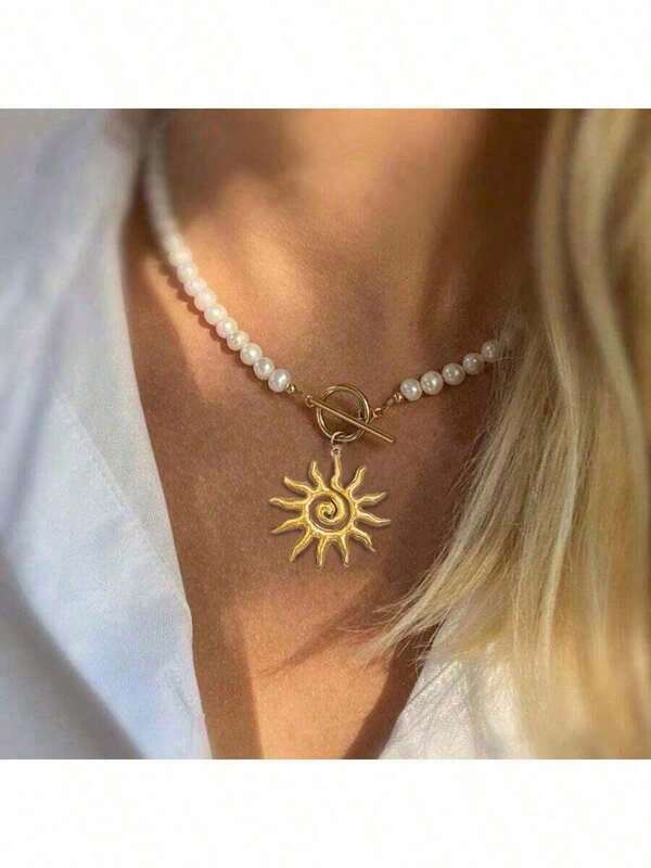 1pc Elegant Sunburst Sun Ray Delicate Pendant Necklace Stainless Steel Pearl Beaded Jewelry For Women Daily Wear (Jewelry Box Not Included)
