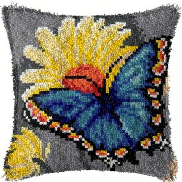 DIY Butterfly Latch Hook Pillow Kit - Pre-Printed Canvas, Easy Crochet Yarn Craft Set For Beginners, Home Sofa Decor 16.9x16.9 Inches