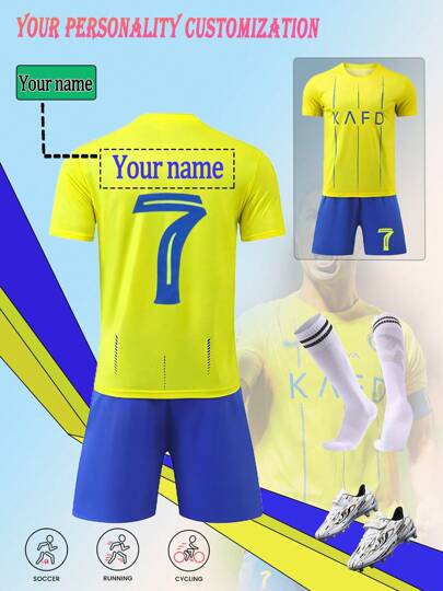 [Custom-Made] Personalized Name 2-Piece Set 2025 Riyadh Victory Same Style #7 Youth Boys' Football Jersey Set - Quick-Dry Breathable Polyester, Crew Neck Top And Shorts, Suitable For Boys Sports Training And Casual Wear, Outdoor Perfect Choice,Multi-Functional,Ornamental,Letter,Stylish,Modern,Colorful,Cute,Adorable,Casual,Custom,Personalised,Unique,Customized,Ideal Gifts For Him,Ideal Gifts For Her