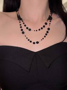 Vintage Edgy Goth Style Double Beaded Tassel Necklace, Sexy Long Necklace Sweater Chain For Women