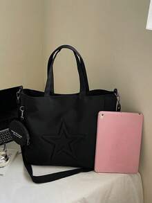 新款时尚休闲帆布手提包，带星星图案和多个口袋，包括一个零钱包