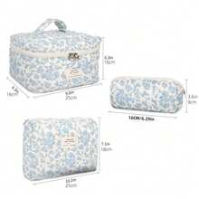 3 PiecesMakeup Bag Quilted Makeup Bag Silk Ribbon Makeup Bag Set Flower Travel Washbag - Blue - View 8