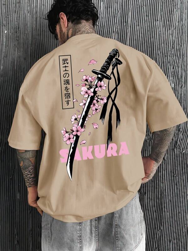 Men's Casual Young Samurai Sword & Cherry Blossom Graphic Oversized Round Neck T-Shirt, Apricot Color