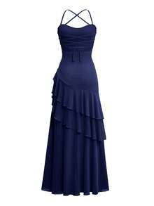 Đầm maxi Vaiaye dành cho nữ, kiểu dáng nhiệt đới Hawaii, phong cách bohemian, thích hợp cho kỳ nghỉ biển, màu trơn, dây mảnh, hở lưng, xẻ tà cao, phù hợp cho ngày Valentine. - Màu xanh hải quân - Xem 4