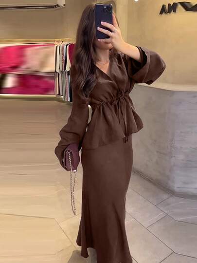 Elegant Drawstring Waist Pleated Top And Long Skirt Set - Women's 2-Piece Outfit, Dignified And Graceful, Coffee Color Fashion, Women's Summer Set, Women's Resort Set, Elegant Party Set, Women's Graceful Set, Women's Casual Set, Women's Summer Resort Set Spring