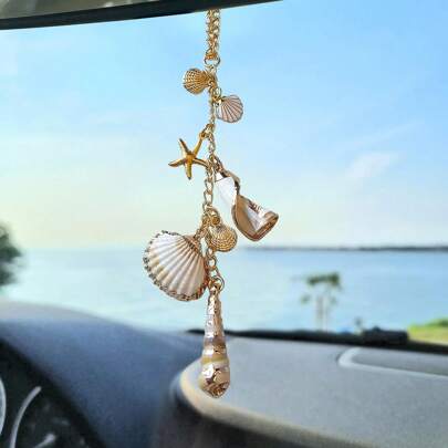 1 pieza Decoración de coche con conchas marinas, encanto colgante costero lindo para espejo retrovisor, accesorios de coche con tema de playa bohemia, adorno colgante hecho a mano de estrella de mar y conchas de estética para mujeres
