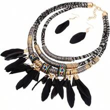 African  Feather Pendant Multi Layers Necklace Earring Set Statement Bib Necklaces Feathered Dangle Earring Boho Collar Chains For Women Men