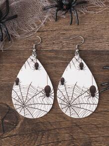 1 对哥特式蜘蛛网和豹纹泪珠吊坠耳环，万圣节 PU 双面派对耳环，万圣节耳环礼物