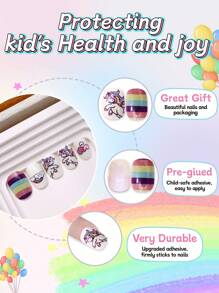 NAIO 24pcs False Nails Kids Girls Press On Short Artificial False Nails Cute Pre Glued Full Coverage Acrylic Nail Tips Set Suitable For Children Little Girls Nail Decoration (Rainbow Unicorn)