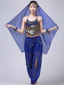 Women's Style Sparkling Belly Dance Three Pieces Set: Sequined Top + Lantern Pants + Headscarf Set For Halloween Carnival Party Stage Performance Costume