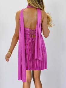 Women Y2K Pleated Strapless Mini Dress Silk Satin Ruffle Short Dress Scarf A Line Tube Dresses Beach Clubwear - Violet Purple - View 2