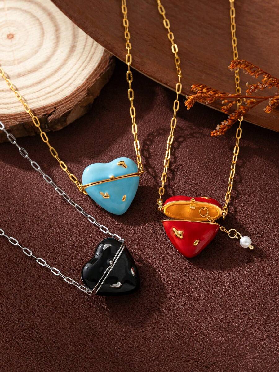 1pc Fashion Sweet And Exquisite Heart-Shaped Enamel Ball Necklace With Hidden Pearl Inside, Plated With 18k Gold, Not Easy To Oxidize, Showing Charm And Personalized, Suitable For Women's Daily Dressing Decoration, Beach Vacation Parties, Music Festivals. - Multicolor - View 1
