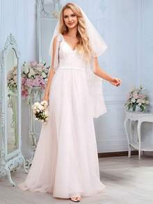 Elegant Luxurious Lace V-Neck Backless Bow Tie A-Line Long Trailing Wedding Dress Suitable For Wedding Ceremony - White - View 7