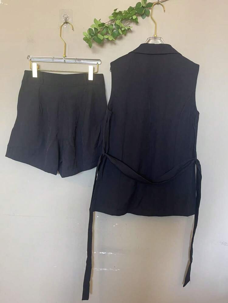 FANNY MODAS WOMEN'S SET OF SHORTS AND BLAZER WITH BUTTONS AND TIES Simple Elegant Casual Pocket Buttons On The Front Button Home - màu đen - Xem 3