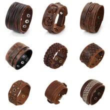可调节朋克风真皮手镯，环绕式真皮腕带，哥特风时尚真皮手镯，男女通用 - 棕色 - 查看 12
