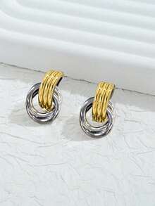 2pcs 18K Gold Plated Stainless Steel Colorblock Knot Design Chunky Jewelry Bohemian Style Hoop Earrings For Women - Two-tone Gold - View 9