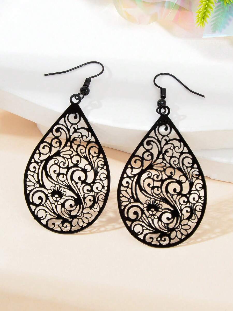 1 Pair Retro Hollow Black Flower Pattern Water Drop Earrings Party Daily Prom Jewelry Best Friends Gift - Black - View 1
