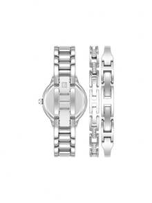 Anne Klein Bộ đồng hồ và vòng tay đính pha lê bạc cho nữ Bộ đồng hồ tròn thạch anh có hai dây xích Bộ đồng hồ Analog quà tặng giản dị thanh lịch cho nữ - Bạc - Xem 4