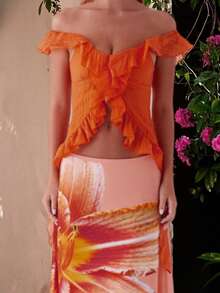 Women Off Shoulder Tops Ruffle Trim Solid Color Backless Showing Navel Shirts Summer Streetwear - 橘色 - 查看 3