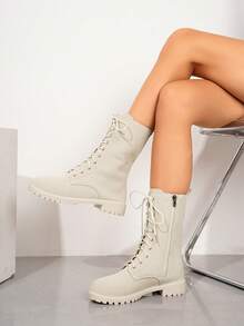 女士时尚百搭系带中筒/踝靴/摩托车靴/靴子，舒适休闲拉链户外靴，适合秋冬季，黑色 - 米色 - 查看 4