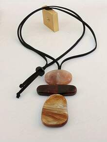 1 件复古 Millefiori 树脂扎染椭圆形吊坠项链，适合女士 - 棕色 - 查看 3