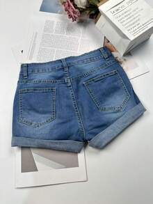 Quần short denim nữ dáng rộng, có túi, rách gấu, chất liệu denim mài, thích hợp cho mùa hè. - Màu xanh trung bình - Xem 3