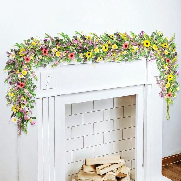 CZ 6.5 Ft Artificial Wildflower Garland Wisteria Lavender Garland Daisy And Lavender Faux Floral Vine Summer Spring Floral Fake Wreath All Year Round Home Decor For Indoor Outdoor Home Wedding Arch 1439