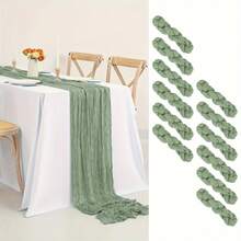 12 件绿色棉麻布桌旗，10 英尺，波西米亚风格透明棉麻桌旗，乡村农舍装饰，适合新娘送礼会、婚礼、派对，优雅简约