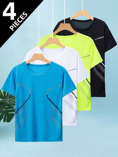4pcs Sports Short Sleeve T-Shirts For Teen Boys, Mesh Fabric Outdoor Running Tops, Basketball & Football Jerseys, Fits Ages 13-18