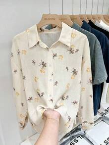 大码女式碎花长袖开衫，春秋季新款休闲宽松衬衫夹克 - 黃色 - 查看 3