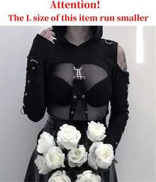 TOMETO Women Gothic Punk Hoodies Bandage Crop Tops Long Sleeve Pullover Sweatshirt Rave Festivals Streetwear
