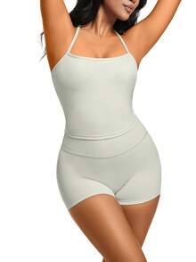 1 Pack Summer Women's Open Back Tracksuit Set Camisole Top High Waist Yoga Shorts Quick Dry Set Is Suitable For Holidays, Travel Work, Sports Wear - Xám - Xem 5