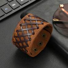 可调节朋克风真皮手镯，环绕式真皮腕带，哥特风时尚真皮手镯，男女通用 - 棕色 - 查看 9