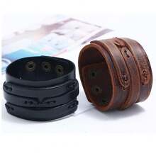 可调节朋克风真皮手镯，环绕式真皮腕带，哥特风时尚真皮手镯，男女通用 - 棕色 - 查看 11