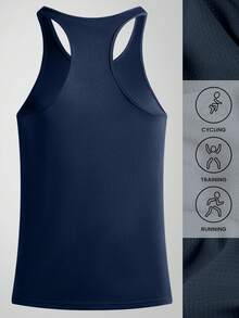 1pc Dark Blue Simple Printed Summer Men's Sportswear, Comfortable Sleeveless Round Neck Fitness Clothes, Suitable For Running, Various Fitness Activities, Outdoor Sports, And Casual Outings - Navy Blue - View 2