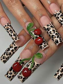 10pcs Handmade Press On Gift Box Included Y2K Leopard Print Cherry 3D Extra Long Square Nails Bold Baddie Style Reusable Luxury False Nails Party Vacation Nailrosy - Cà phê nâu - Xem 1