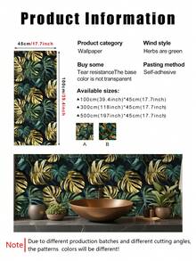 1 卷 1 米/3 米/5 米 复古绿叶热带植物田园风格墙面装饰壁纸，可移除自粘接触纸，乙烯基壁纸，适用于 DIY 家居装饰、房间背景、卧室、厨房、客厅、浴室、橱柜、家具翻新 - 彩色 - 查看 4