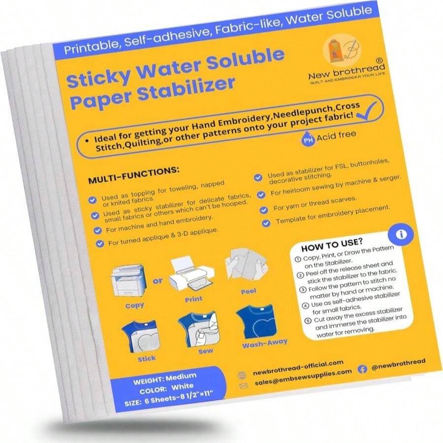New Brothread 6PCS 85"X11" Sticky Water Soluble Embroidery Stabilizer Printable Paper Stabilizer - Medium Weight - Allowed For Print Or Draw Patterns Best For Hand &Amp; Machine Embroidery - 6PCS 8.5x11 - View 1