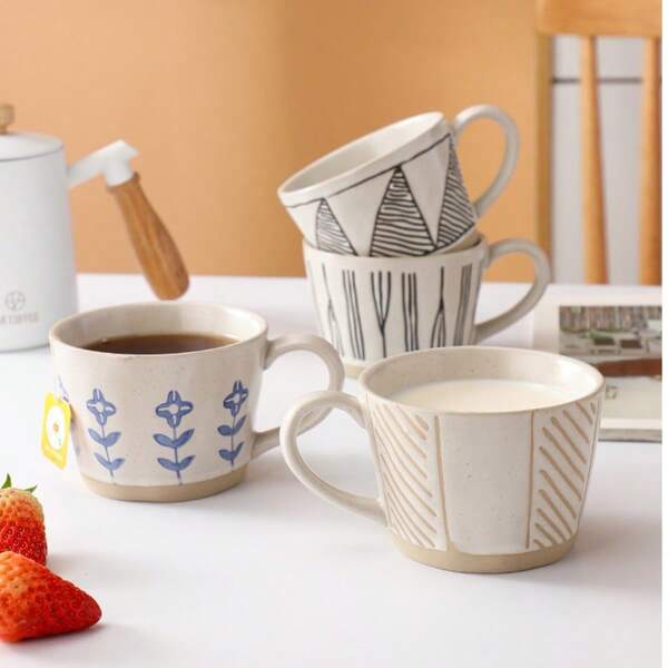 1pc Japanese Thick Pottery Mug, Handpainted Ceramic Cup, Retro Matte Finish Pottery Cup, Breakfast/Oatmeal Cup