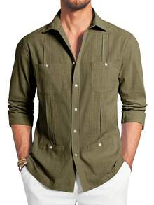 Runcati Mens Guayabera Linen Shirts Long Sleeve Button Down Casual Summer Beach Shirt Tops - 軍綠色 - 查看 4