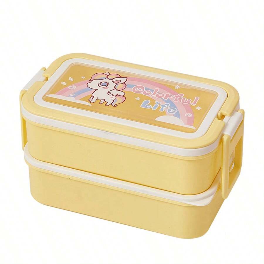 Tupperware Doble Capa Creativa con Cubiertos, Estilo Cartoon, Rectangular, Fácil de Llevar, para Almuerzo, Gran Capacidad