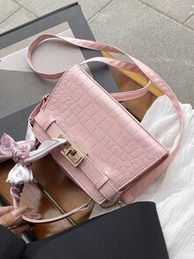 2025 鳄鱼压纹女士手提包，百搭女士小号托特包，适合工作和日常使用，配有围巾 - 粉色 - 查看 2