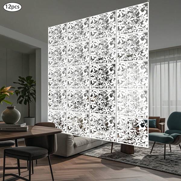 Cloison de séparation, 12 pièces/ensemble panneau de séparation suspendu blanc, 40*40*0,127 cm panneau de séparation creux sculpté à motif floral, panneau de séparation pliable pour chambre, salon, bureau, restaurant, décoration d'hôtel