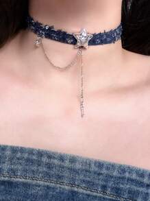 New Fashion Jewelry Denim Choker, Star Tassel Pendant Necklace, Heart Collarbone Chain For Women