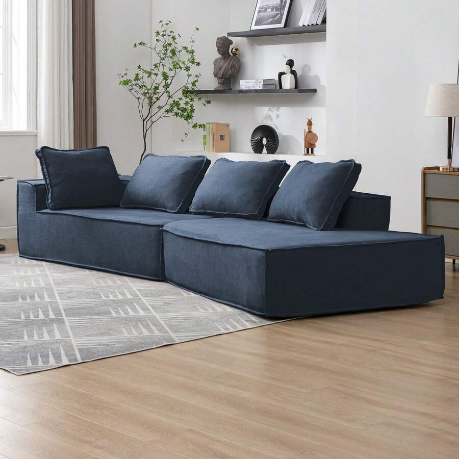 Modern Sectional Sofa Couch, Cloud Curved Foam Sofa With Chaise Lounge, Right-Facing Deep Seat Sofa With 4 Pillows, Corner Recliner Couch Floor Sofa For Living Room Apartment - 藍色 - 查看 1