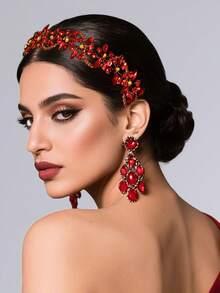 1 件手工红水晶新娘头带，独特的婚礼派对复古发饰 HP266 女士 - 紅色 - 查看 2