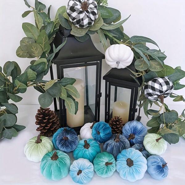 16pcs Set Of Faux Assorted Velvet Pumpkin Decorations Teal Blue Green Grey Ivory Fabric Pumpkin Foam Pumpkins For Farmhouse Fall Wedding Thanksgiving Halloween Table Centerpieces Mantel Kitchen Decor